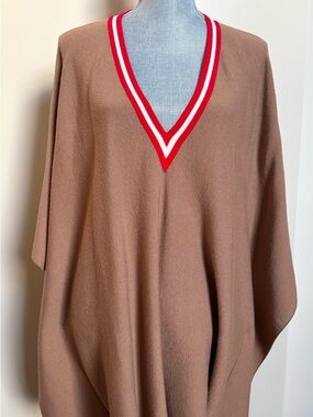 MERSEA Poncho V-Neck Sweater, OS, tan/red/white